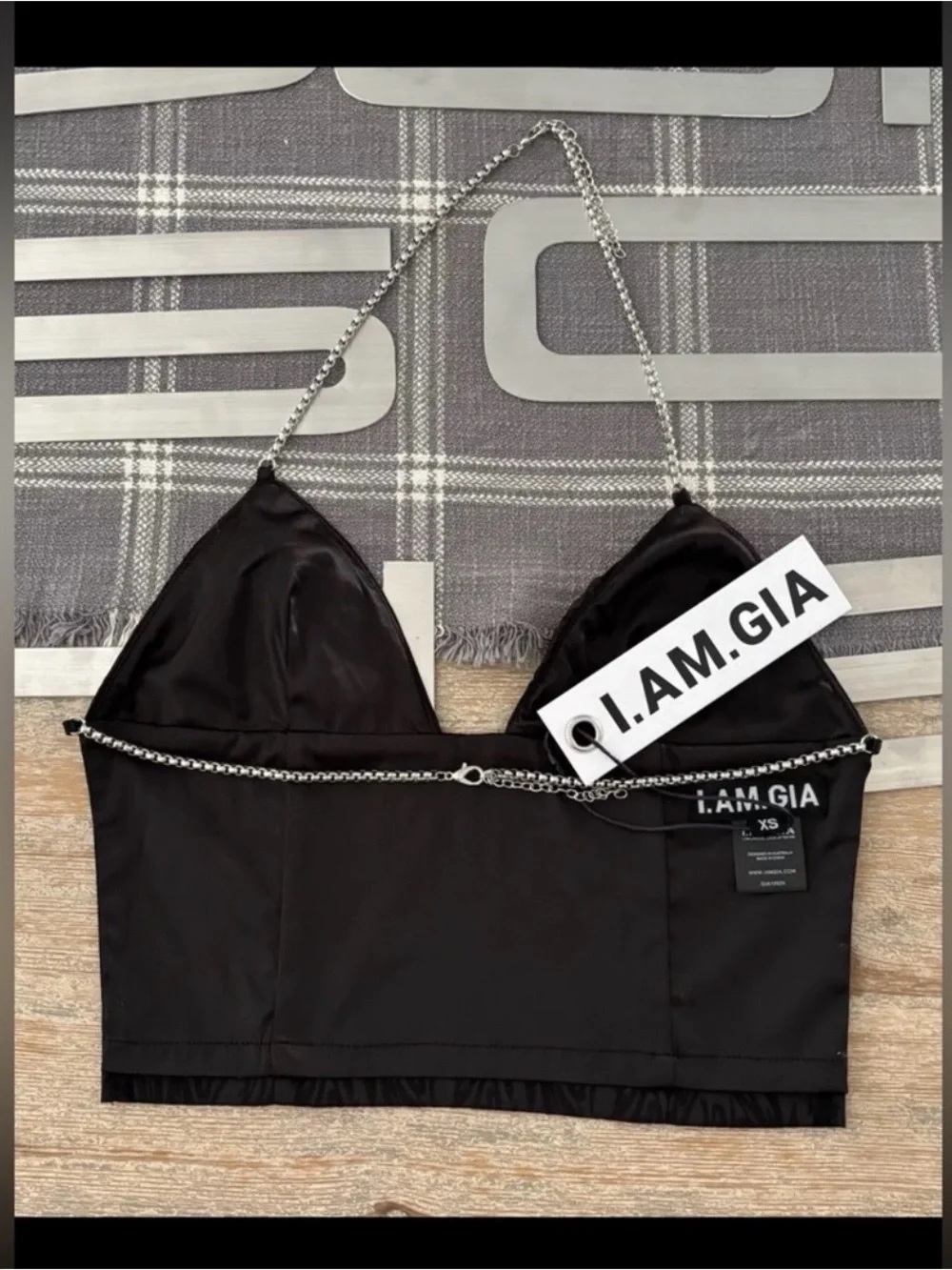 I.AM.GIA Black Satin Jacquard Chain-Halter Crop Top